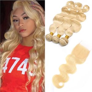 Indian Virgin Hair Extensions Body Wave Wiązki z 4x4 Koronką Zamknięciem Średniej Trzy Darmowa Część 613 # Kolor Blond Włosy Wefts z zamknięciem 4x4