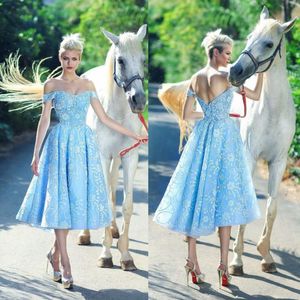 Light Sky Blue Lace Short Prom Dresses Off The Shoulder Beaded Evening Gowns A Line Appliqued vestidos de fiesta Tea Length Formal Dress