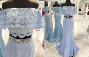 2022 Light Sky Blue Boho Prom Evening Dresses Off the shoulder Two Pieces Mermaid Satin Lace Crystal Sequined Beaded Long Cheap Formal Gowns