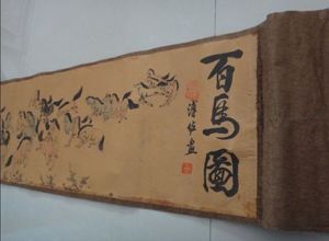 絶妙な古い中国のシルクペーパー絵画スクロール100馬
