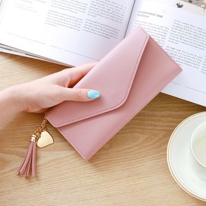 50pcs PU Long Wallets Tassel Women Plain 3 Foldable Card Holder Clutch Hasp Purse 5colors