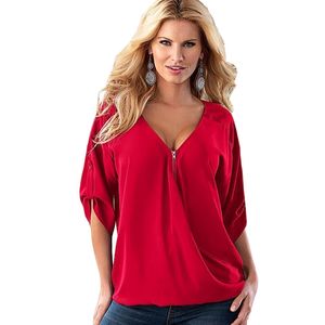 5xl Ny stil Zipper Deep V Neck Chiffon Blouse Fashion Ladies Casual Toppar Skjorta Kvinnor Sommar Loose Top Half Sleeve Pullover Hot