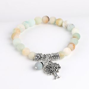 Naturliga Amazonite Stone Meditation Armband Träd av Livet Rund Bön Yoga Matta Mala Beads Armband Chakra Smycken