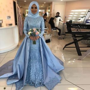 New Arrival Blue Muslim Evening Dresses High Neck Full Sleeve Appliques Saudi Arabic Prom Dresses Overskirt Formal Party Red Carpet Gown
