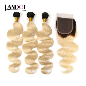 9A Grade Ombre 1B / 613 Blek blonda spets Avslutningar Brasilianska Peruanska Malaysiska Indiska Kambodjanska Ryska Virgin Human Hair Closure Body Wave