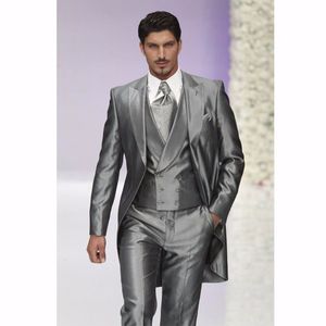 Yeni Varış Doruğa Yaka Simli Sabah Stil Tailcoat Erkekler Parti Groomsmen Düğün Smokin Suits (Ceket + Pantolon + Kravat + Yelek) NO; 308