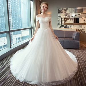 Proste Białe Ruched Suknie Ślubne A-Line Tulle Suknie Cap Rękaw Plisowane Suknie Ślubne 2019 Nowe Tanie Sukienki Ślub