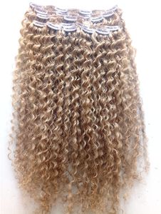 20inch brazilian human virgin remy kinky curly hair weft natural weaves dark blonde light brown 270# double drawn clip in extensions