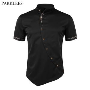 Рубашка вышивки мужчины 2018 личности наклонные кнопки нерегулярные мужские рубашки для рубашки с коротким рукавом мандарин рубашка мужчина