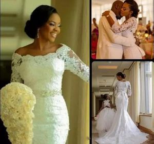 Long Sleeve Lace Wedding Dresses African Nigerian Mermaid Lace Bridal Gowns Off the Shoulder Wedding Gowns Plus Size robe Vestidos de Novia