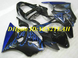 Motorcykel Fairing Kit för Kawasaki Ninja ZX6R 636 00 01 02 ZX 6R 2000 2001 2002 Blue Flames Black Fairings Set + Presenter KH03