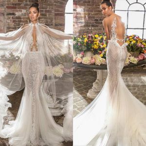 Elihav Sasson 2019 Mermaid Boncuklu Gelinlik ile Cape Sheer Boyun Backless Gelin Törenlerinde Özel Vestido De Novia Beach Gelinlikler