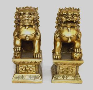 Chinese Bronze Brass Guardian Foo Fu Dog Phylactery Door Lion Pair Statue 6.5"