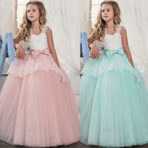 ピンクの花の女の子のドレス2018弓ベルトPep-Hem Mint Blue Girls Birthday Dressフルレングスジッパーバックチュールレース
