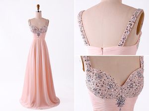 Elegant Pink Evening Dresses Cheap Empire With Spaghetti Stras Bling Crystals Sequin beaded Chiffon Pleated Floor Length For Women Girls