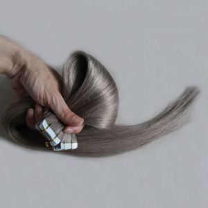 İnsan saç uzantılarında kül sarışın bant 40 adet gümüş gri bakire saç düz cilt atkı salon 100g için dikişsiz saç uzatma örnekleri