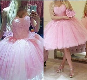 Pink Ball Gown Homecoming Dresses 2019 Strapless Lace Beaded Applique Short Prom Dresses Graduation Dress Backless Party Pageant Dress