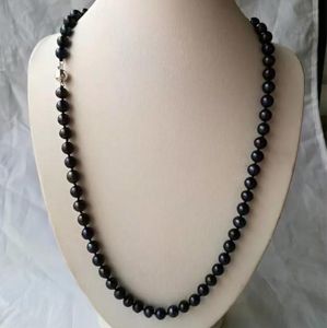 22-calowy 8-9 mm naturalny Tahitian czarny okrągły naszyjnik Pearl 925 Srebrne zapięcie