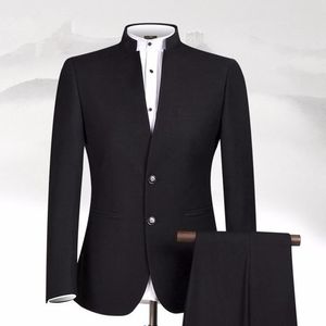 Classic Design Mandarin Lapel Black 2 Piece Suit Men Wedding Tuxdos Groom Tuxedos Men Business Dinner Prom Blazer(Jacket+Pants+Tie)1707