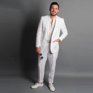Fildişi Keten Erkekler Yaz Plaj Düğün Damat Smokin Slim Fit 2 Parça Suits (Ceket + Pantolon) Damat Balo Suits Giymek Blazer