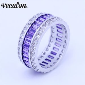 Vecalon mulheres birthstone jóias anel 15ct 5a zircon roxo cz 925 esterlina anel de banda de casamento de prata para mulheres homens