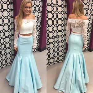 Eleganckie Długie Rękawy 2 Sztuki Prom Dresses Evening Formalne Suknie Mermaid Off The Shoulder Lace Illusion Satin Tani Pagewant Suknia Nowy