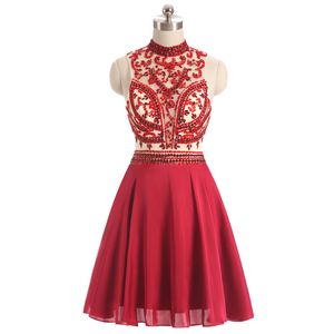 Sexy Homecoming Dresses Sheer Neckline Nude Lining Dark Red Party Dress Major Beading Sequins Prom Gowns Cheap