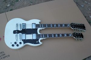 gratis frakt ! Led Zeppeli Page 1275 SG Double Neck, signerad åldrad, Ebony Fingleboard White Body 6 String 12 Strings Guitar