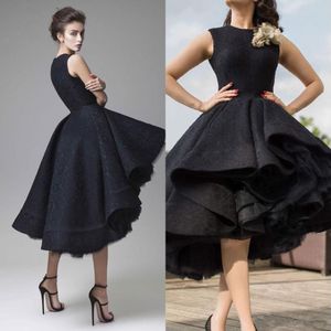 Dubaj Arabski Hi-Lo Black Prom Dresses Handmade Kwiaty Pełna Koronki Ruffles Loste Formalne Wieczorowe Suknie Party Robe De Soiree Evening Wear