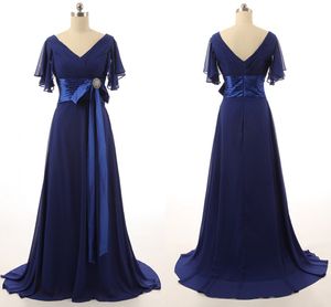 Romantic Dark Blue Mother of the Bride Groom Dresses Chiffon V neck Backless Ribbon Bows Crystal Poet Short Sleeves Cheap Long Prom Dress