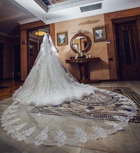 Великолепные 3-м длинные свадебные вуали с кружевной аппликацией края одного слоя длина навесы с гребенью тюль Bridal вуаль