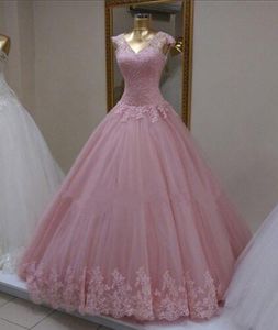 Suknia balowa wieczorowe suknie długie v szyja koronkowa aplikacja 2018 nowe różowe tiul plisowane cekiny z koralikami krótkie rękawy