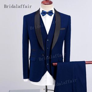 Gwenhwyfar azul marinho homens smoking Slim Fit homens terno Set 3 peças Mens ternos formais Ternos de casamento do noivo Set (Blazer + calça + colete)