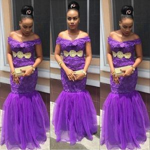 Moda Off Ramię Prom Dresses Purple Lace Aplikacje Bez Rękawów Mermaid Prom Dress 2018 Aso-Ebi Styl Sexy Party Suknia Formalna Sukienka Tanie