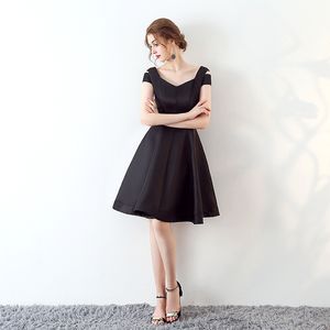 Free Shipping New Noble Fashion Dresses Black Satin Halter Collar Short V Zipper Evening Dresses Dance Prom