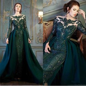 Hunter Modest Emerald Green Long Sleeve Evening Dresses with Detachable Train Lace Beaded Mermaid Prom Gowns