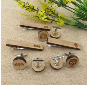 2017 Hot Wood Cufflinks Ties Clip Sets Men's Mustache Anchor Skull Bat Cuff Links Tie Clip Set