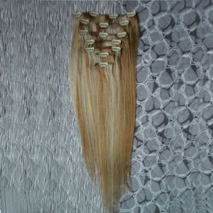 Klips w Remy Human Hair Extensions Proste Full Head Set 8PCS 100G Maszyna Made Remy Włosy Prosto Podwójny Klips Wątek