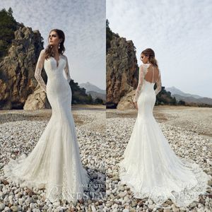 2019 Sahil Gelinlik V Boyun Dantel Uzun Kollu Backless Sweep Tren Mütevazı Mermaid Gelinlik Aplikler Bohemian Gelinlikler