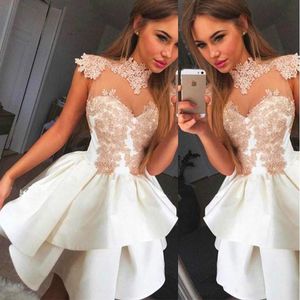 Stunning Sheer White High Neck Homecoming Dresses Applique Cheap Arabic Bridesmaid Short Prom Dress Cocktail Party Club Wear Graduation