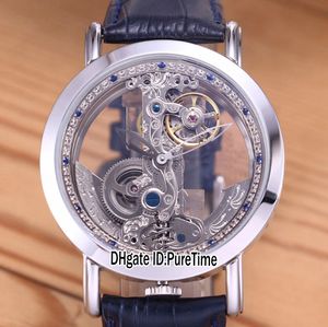 New Golden Bridge Cassa in acciaio da 42 mm Quadrante scheletrato interno con diamanti argentati Tourbillon automatico Orologio da uomo Orologi sportivi Pelle blu C-b56a1