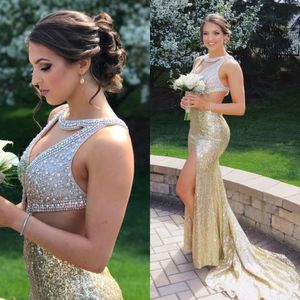 2018 Light Gold Prom Dresses Jewel Neck Beads Crystal Sequined Cutaway Sides Mermaid Side Split Keyhole Sexy Party Gowns Evening Dress Wear