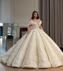 Lyx Arabisk Dubai Plus Storlek Lace Ball Gown Bröllopsklänningar Applique 3d Flower Court Train Bridal Gown Vestidos de Novia