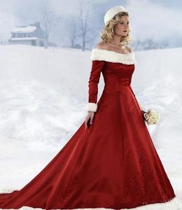 Długie rękaw czerwone sukienki świąteczne gorąca nowa zimowa jesienna sukienki A-line sukienki ślubne OFF RAMAN SATYNEGO DLA DLIGNY SUKIENKI BRIDAL