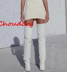 2018 New Arrival Women Udo High Boots Kim Kardashian White Microfiber Bootie Cienkie Heel Heel Over The Keots Buty Plus Size