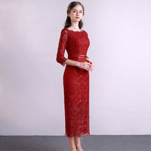 Sexy Lace Cocktail Dresses Dark Red,Red,Cocktail,Royal Blue Applique Beads Scoop Three Quarter SLeeves Zipper Back Tea Length Party Dress