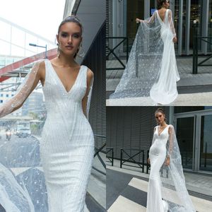 Mermaid Wedding Dresses With Wrap V Neck Lace Sequins Sweep Train Sexy Backless Custom Made Beach Wedding Dress Robes De Mariée