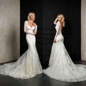 Abiti da sposa bien saggiscia abito sirena abito a pizzo completo applicato a maniche da sposa a maniche lunghe senza schienale vestido de noni