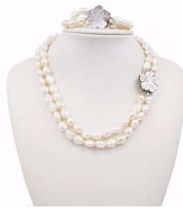 Freshwater Pearl Baroque Shape 2Rows Shell Flowers Clasp Necklace Bracelet Set