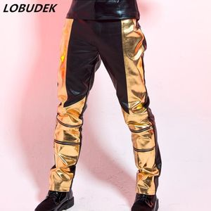 Tide Male Gold Black PU Leather Pants Slim Zipper Leather Trousers Nightclub DJ Singer Rock Hip Hop Stage Costume Drum Dancer Show Clothing